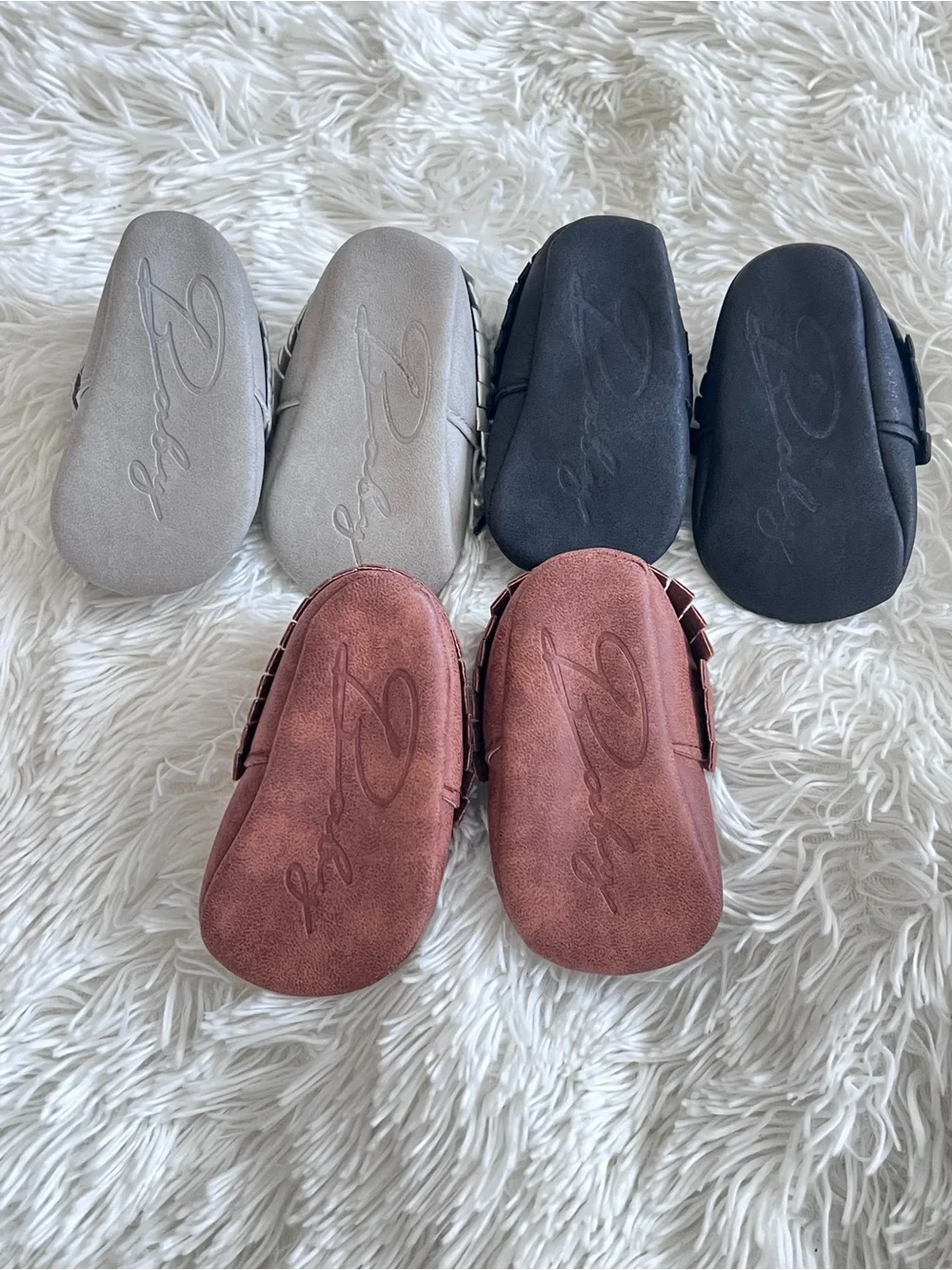 Baby Suede Moccasins in Gray, Black & Rust - Soft Tie Closure